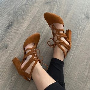 Halogen Caramel Suede Lace-up Block Heels